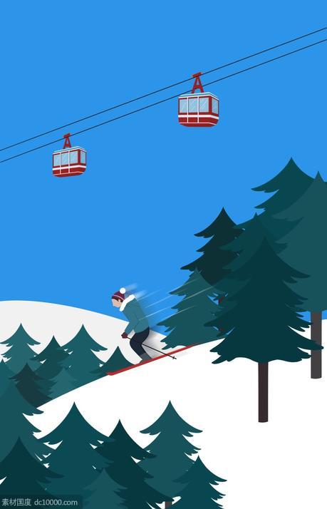 冬季雪地风景旅游火车休闲娱乐节日插画PSD分层设计素材 - 源文件
