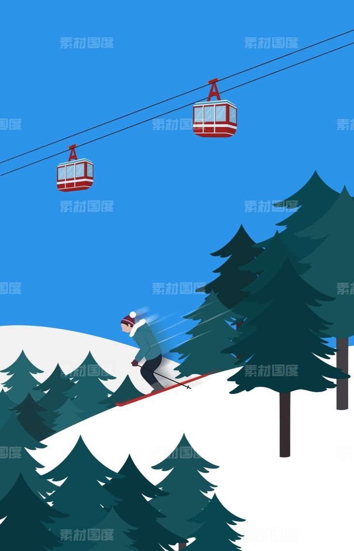 冬季雪地风景旅游火车休闲娱乐节日插画PSD分层设计素材