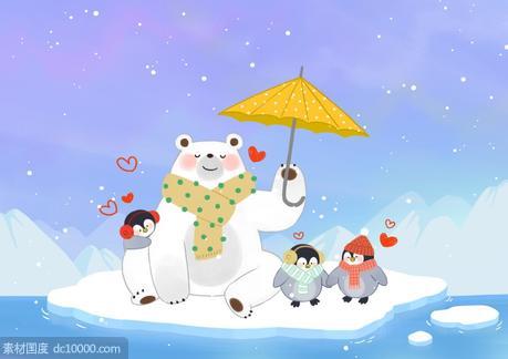 冬季动物乐园企鹅北极熊冰山雪地雪人插画PSD分层设计素材 - 源文件