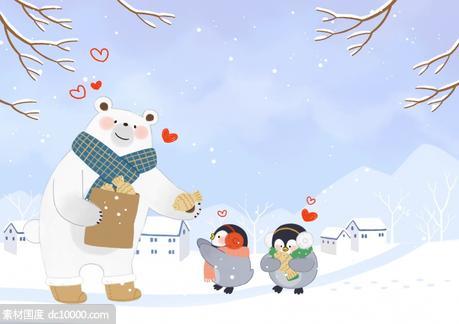 冬季动物乐园企鹅北极熊冰山雪地雪人插画PSD分层设计素材 - 源文件