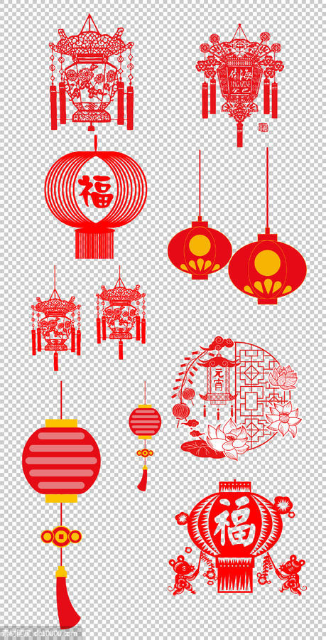 中式  传统 喜庆  红色  红灯笼 春节 新年 福字 PNG免扣设计素材 - 源文件