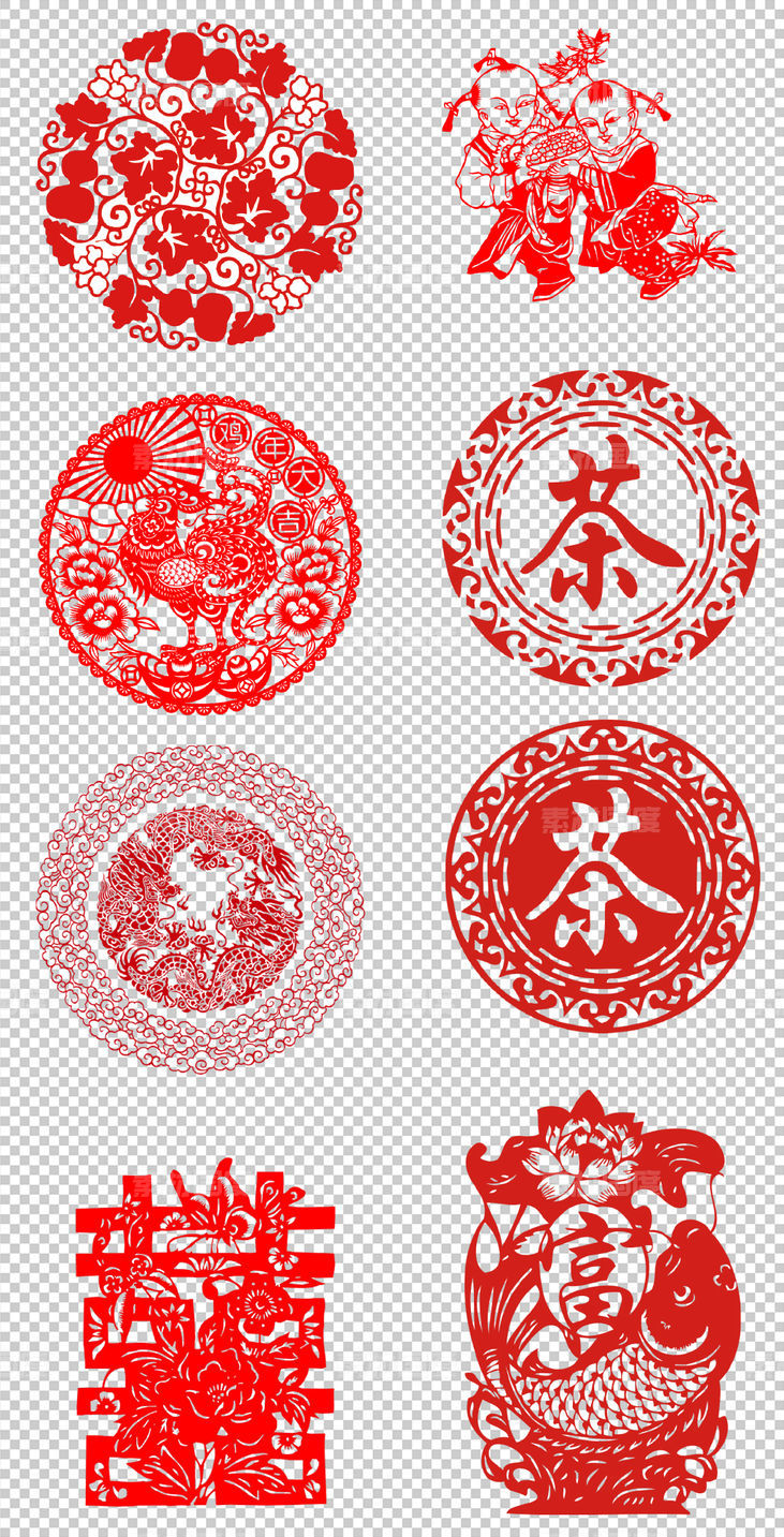 传统花纹  图案 古典 红色 文化 窗花 喜字艺术 PNG免扣设计素材