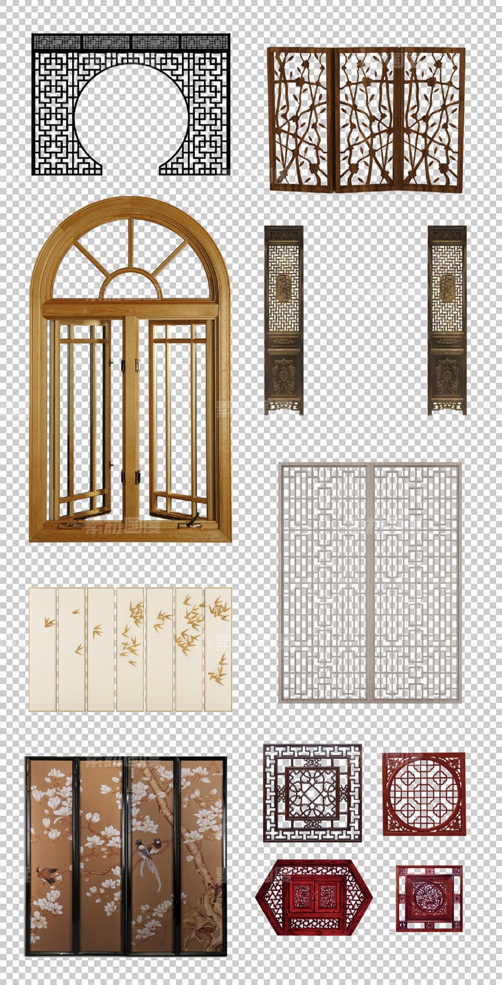 窗花  中式屏风  复古  中式花纹  窗格   雕花隔断  PNG免扣设计素材