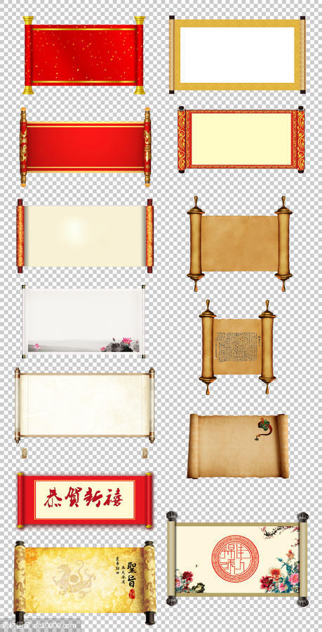 中国风画轴 文化 羊皮卷 素材 古典 红色条幅  PNG免扣设计素材 - 源文件
