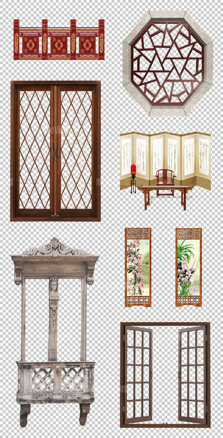 窗花  中式屏风  复古  雕花隔断  窗格  图案  PNG免扣设计素材