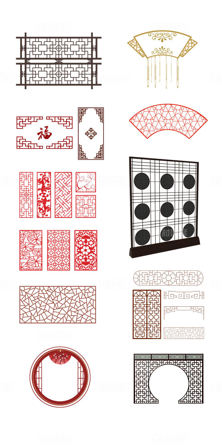 新中式风格 红色花纹边框  古典  异形边框 窗花  PNG免扣设计素材