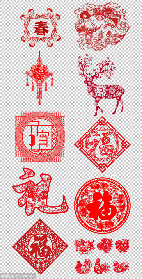 传统花纹  图案 古典 红色福字  公鸡 圆形 窗花 PNG免扣设计素材 - 源文件