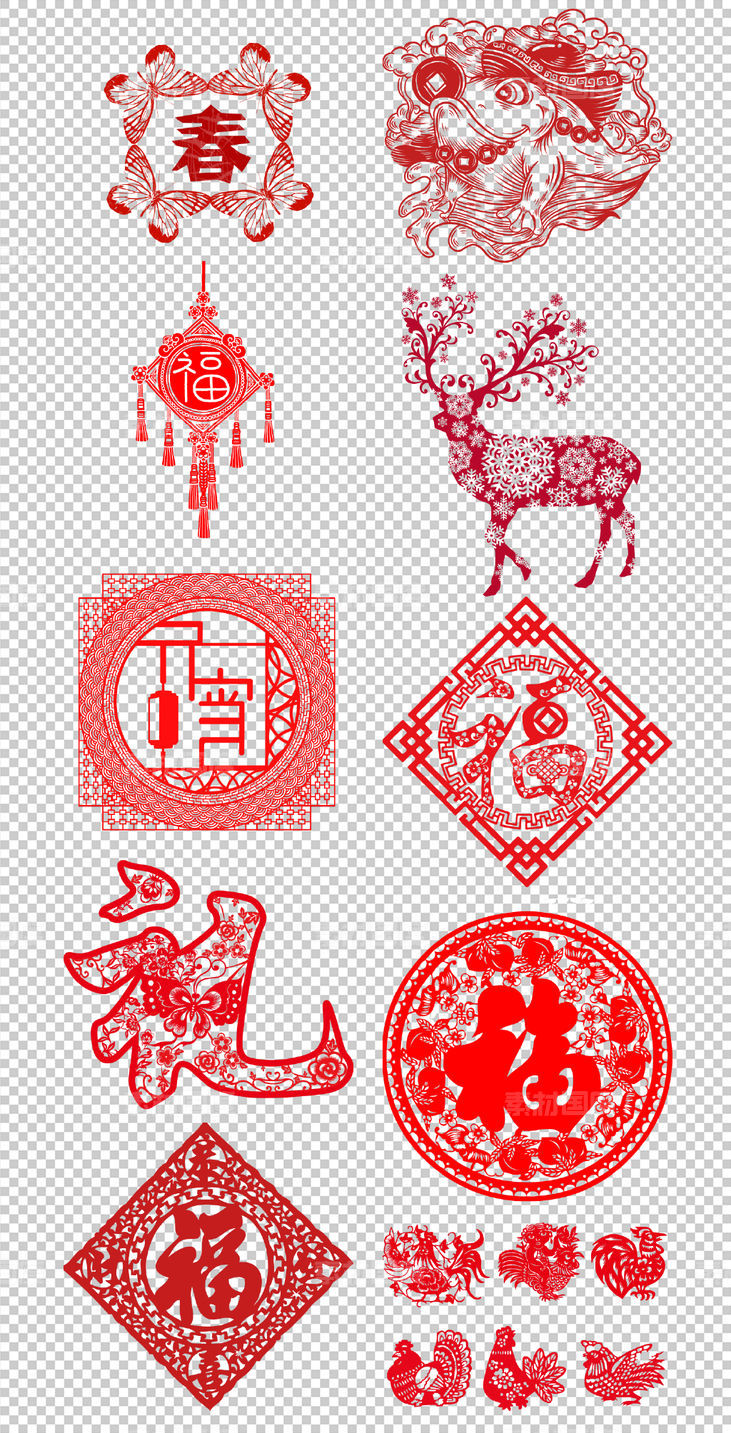 传统花纹  图案 古典 红色福字  公鸡 圆形 窗花 PNG免扣设计素材