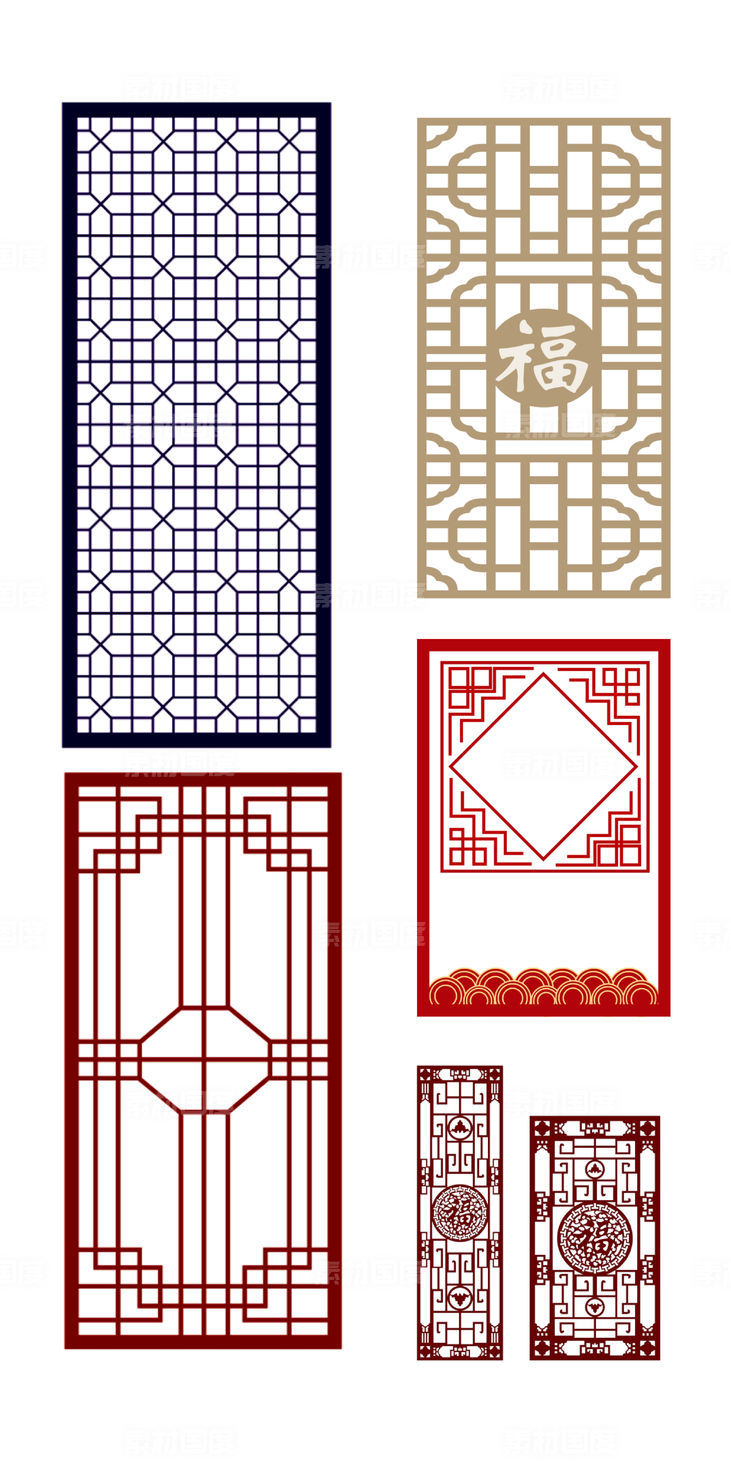 新中式风格 红色花纹边框  古典  窗花 图案 PNG免扣设计素材