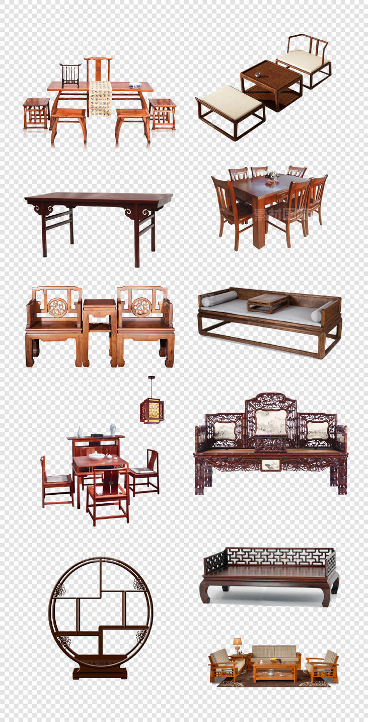 复古  中式  餐桌  茶几  桌椅   PNG免扣设计素材