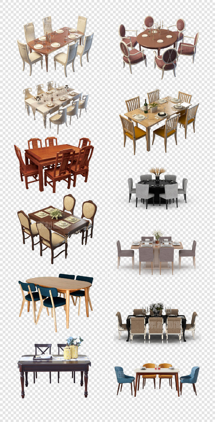 餐桌 方桌  圆桌  简约风  桌椅  手绘  彩色  装饰   PNG免扣设计素材