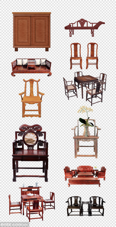 复古  中式  餐桌  茶几    衣柜   床  桌椅   PNG免扣设计素材 - 源文件