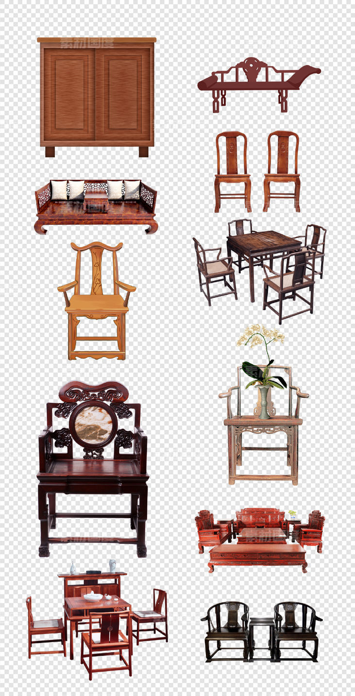 复古  中式  餐桌  茶几    衣柜   床  桌椅   PNG免扣设计素材