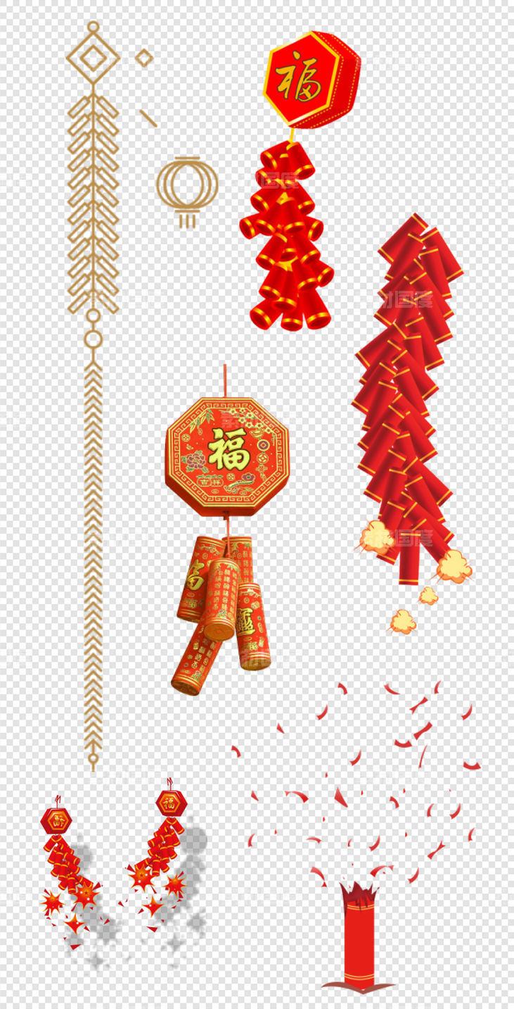  中式 鞭炮  春节 喜庆  红色 文化  PNG免扣设计素材