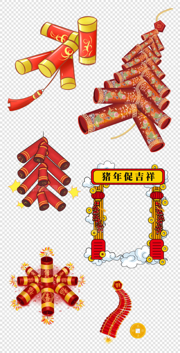  中式 鞭炮  春节 喜庆  红色 文化  PNG免扣设计素材