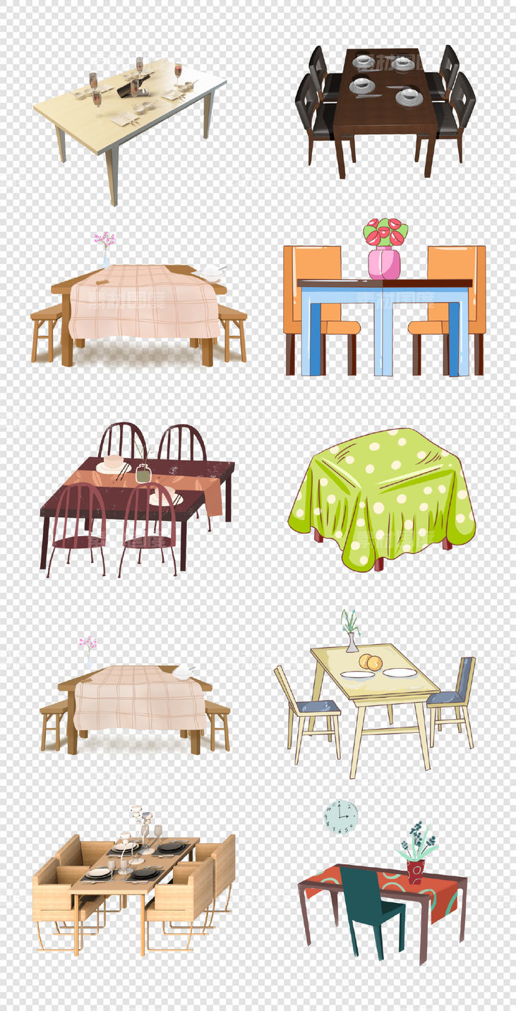 餐桌  茶几  桌椅  手绘  彩色  装饰    卡通色彩  PNG免扣设计素材