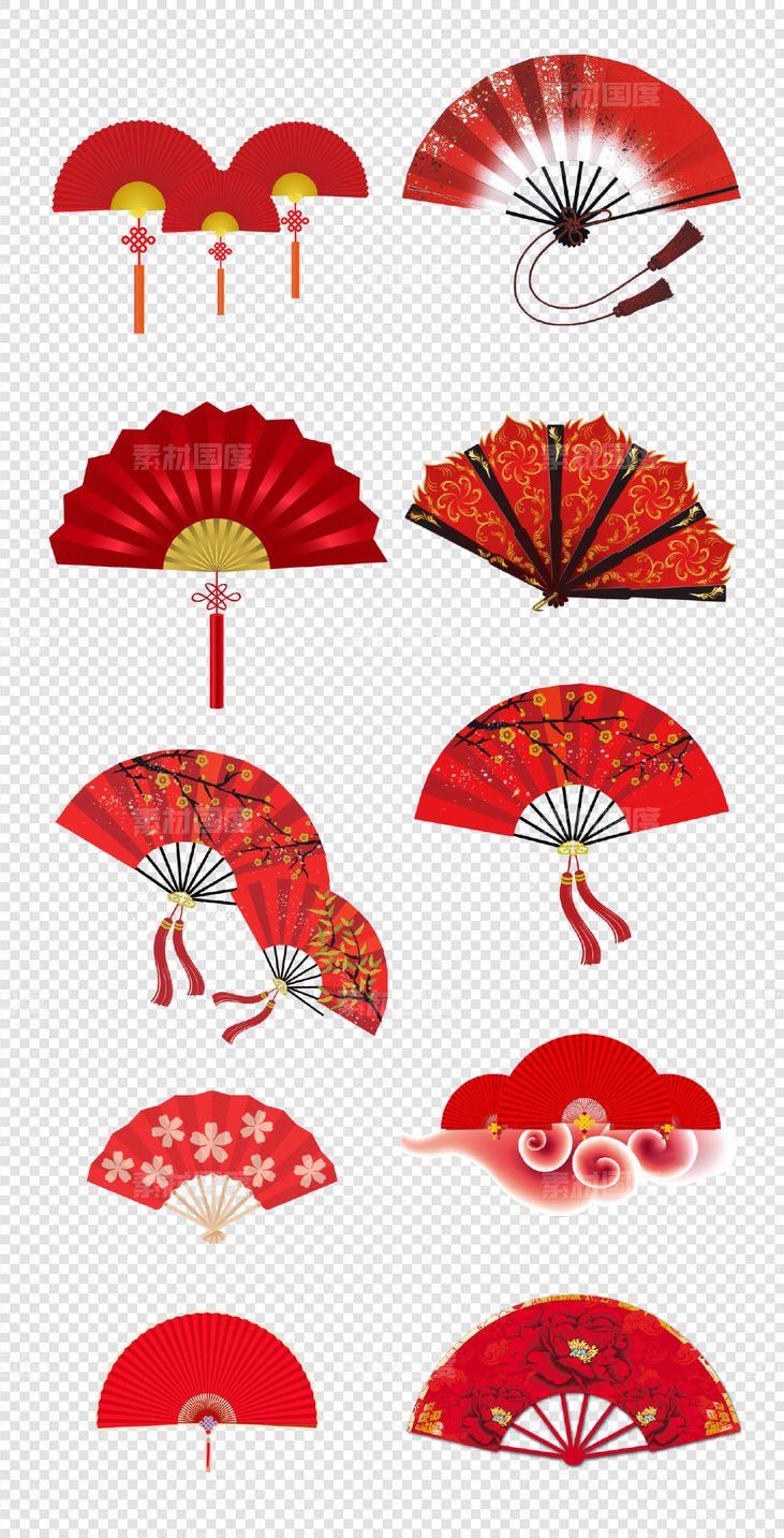 中国风扇子  中国风  红色   新年    PNG免扣设计素材
