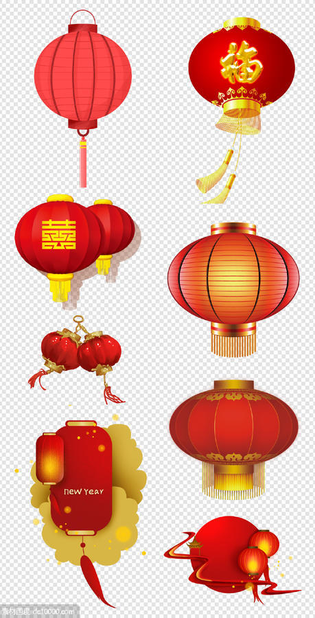 红色  中国红     灯笼    新年  福字   金色   春节   PNG免扣设计素材   - 源文件