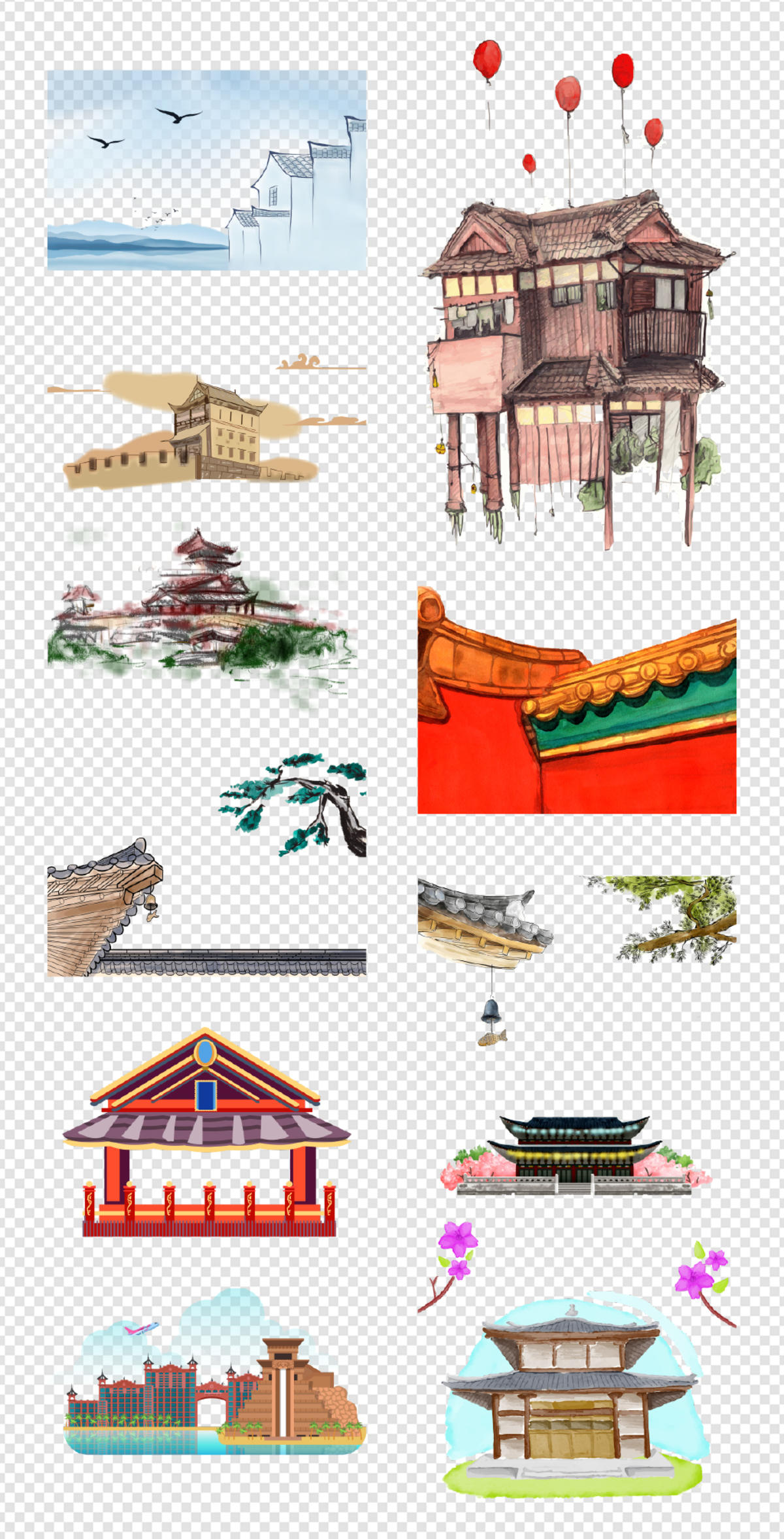 复古   仿古建筑  中式亭子   手绘建筑   围墙     PNG免扣设计素材