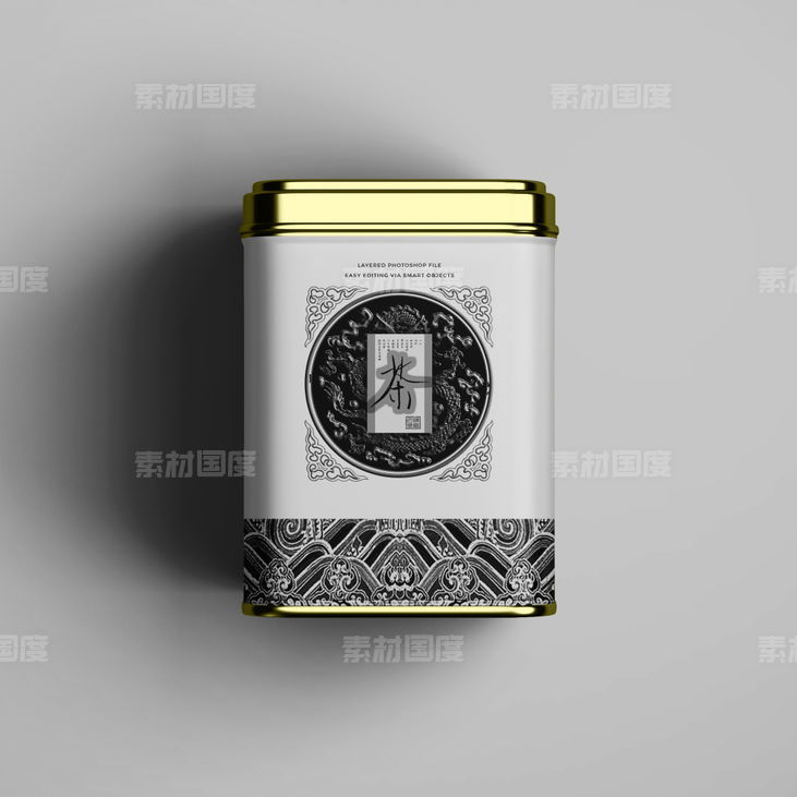  复古茶叶铁罐通用密封包装样机psd素材