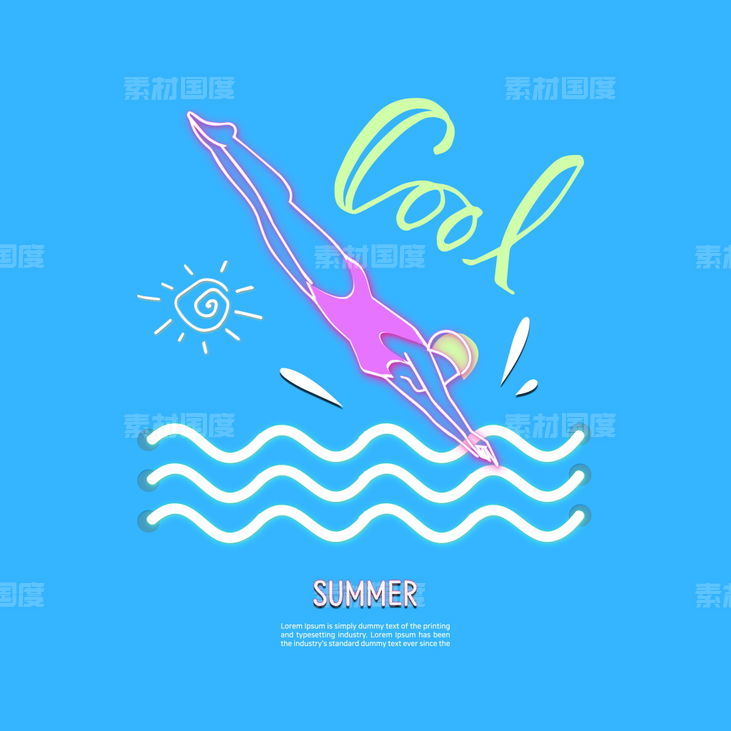 夏季霓虹灯创业水果字体美女冲浪海报PSD分层设计素材