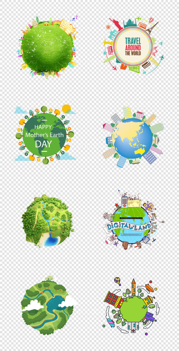 地球  卡通图案  地球日    绿化  环境   植被    建筑 PNG免扣设计素材