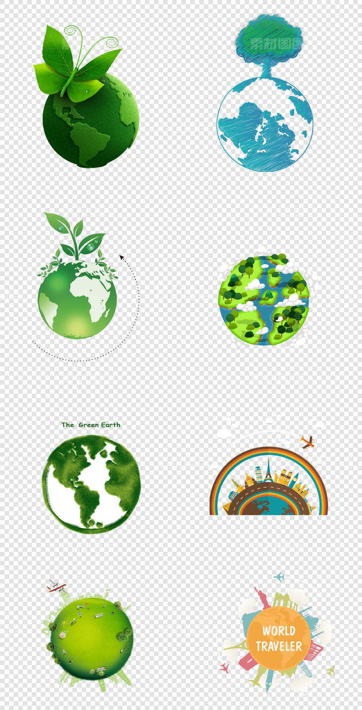 地球  卡通图案  地球日    绿化  环境   植被    建筑 PNG免扣设计素材