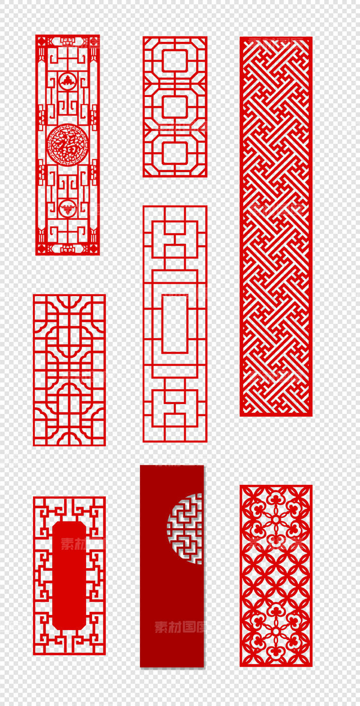 花纹边框   长方形   中式边框  中国红   窗格  PNG免扣设计素材