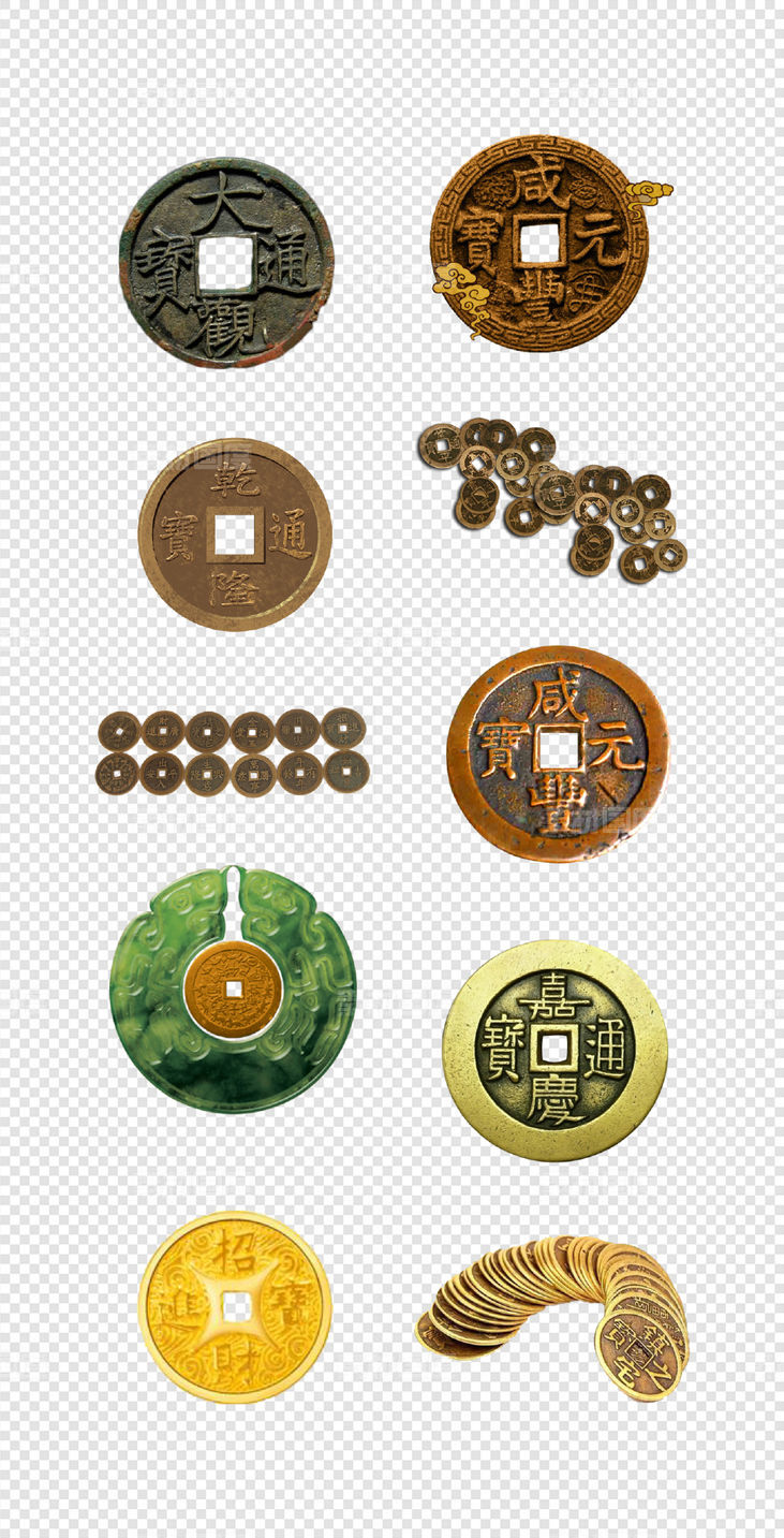  中国  古代  铜钱  钱币  货币  金黄色    PNG免扣设计素材