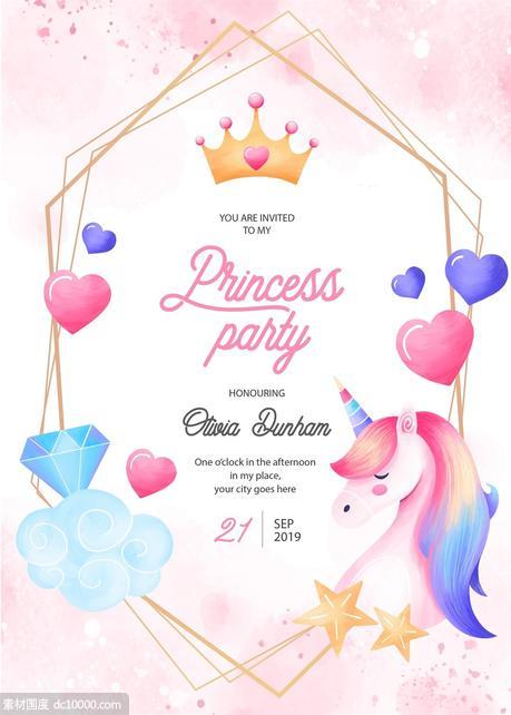 粉色独角兽小公主生日派对海报矢量插画模板 - 源文件