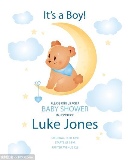 可爱卡通月亮上的小熊迎婴派对宝宝生日海报矢量模板 - 源文件