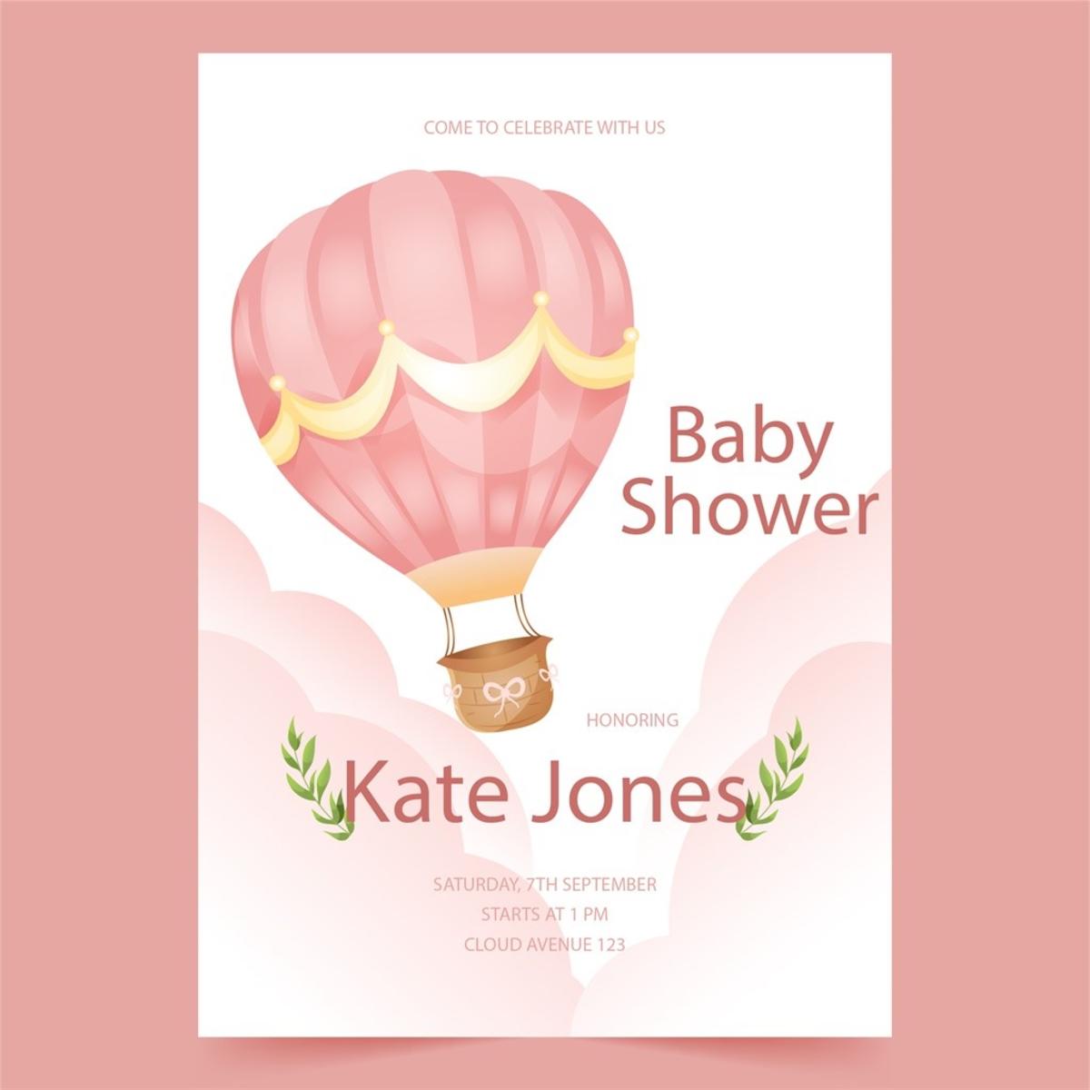 粉色热气球迎婴派对宝宝生日快乐海报矢量模板