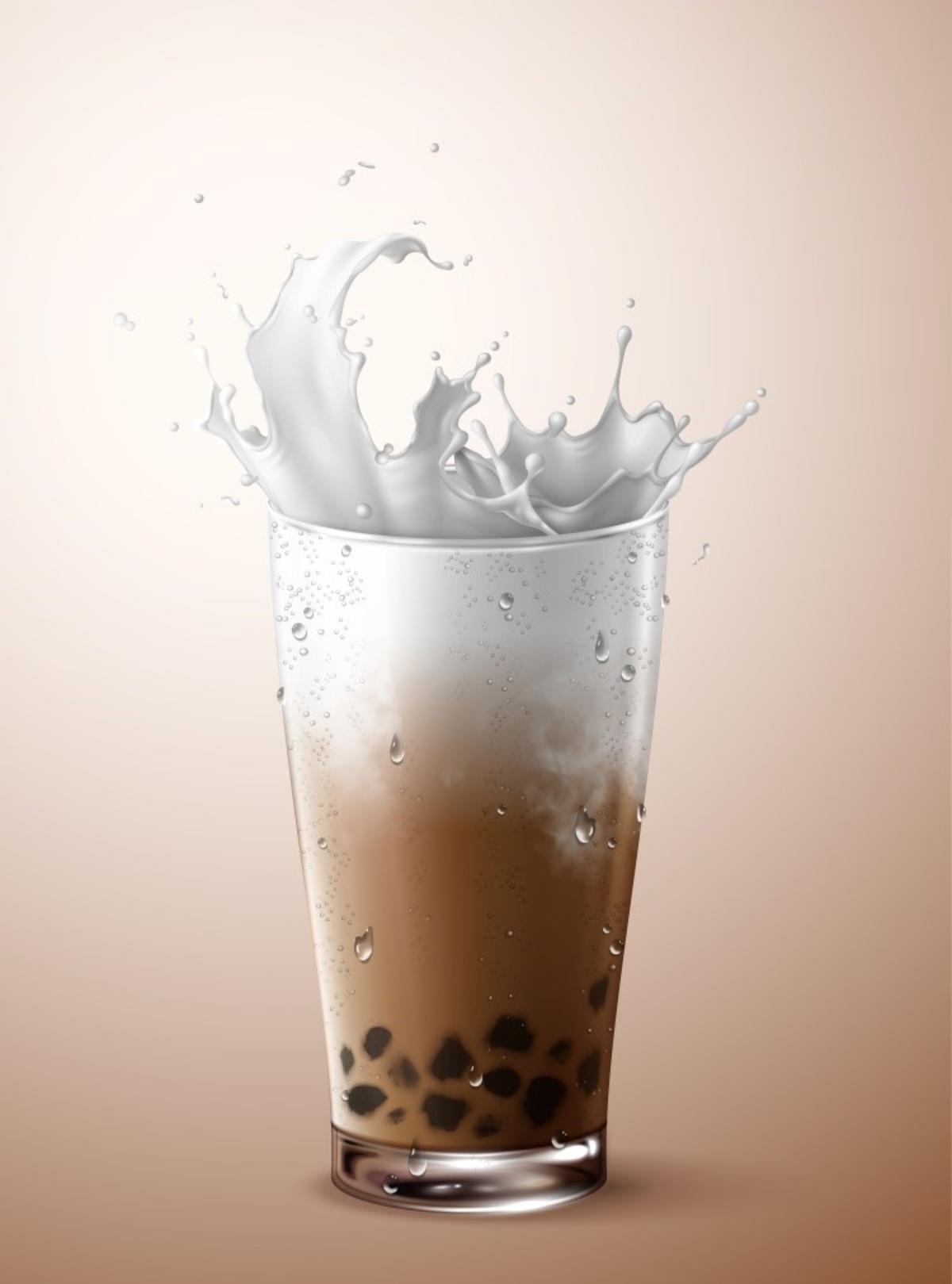 牛奶  珍珠奶茶   植物   绿叶  阳光  冰块   奶茶杯   海报设计素材