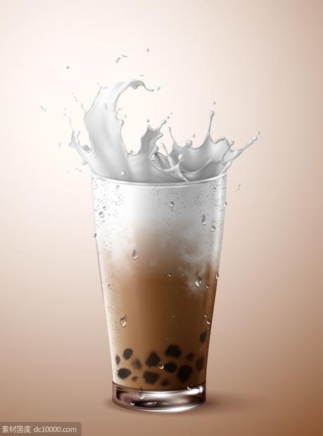牛奶  珍珠奶茶   植物   绿叶  阳光  冰块   奶茶杯   海报设计素材 - 源文件
