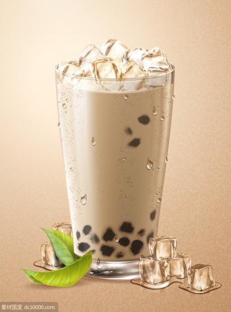 牛奶  珍珠奶茶   植物   绿叶  阳光  冰块   奶茶杯   海报设计素材 - 源文件