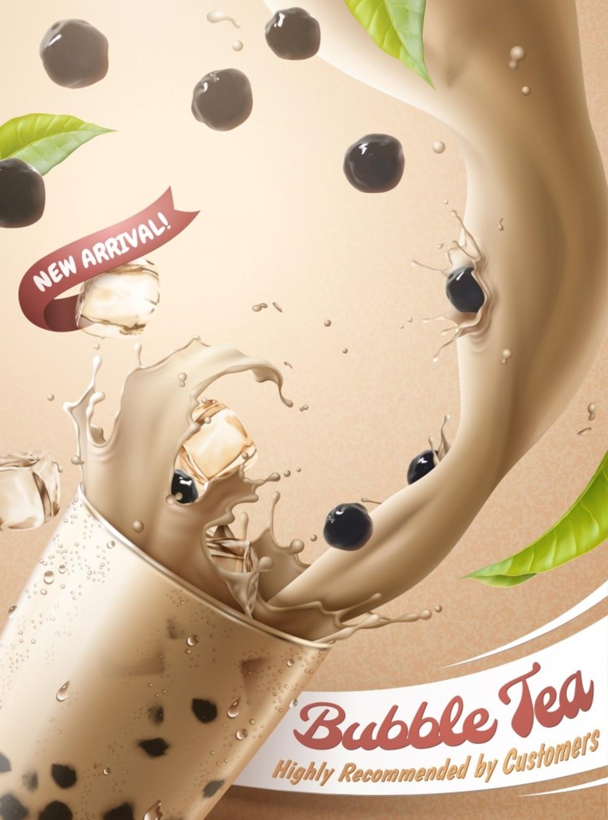  牛奶  珍珠奶茶   植物   绿叶  阳光  冰块   奶茶杯   海报设计素材