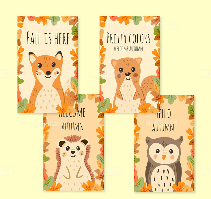 狐狸 松鼠 刺猬 猫头鹰 树叶 秋季 动物 卡片 矢量图