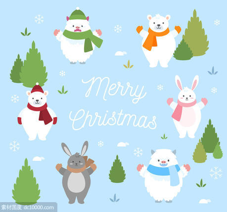 松树 雪花 熊 野猪 兔子 冬季 圣诞节 组合 动物 圆形 矢量图 - 源文件
