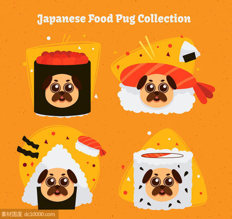筷子 寿司 刺身 饭团 宠物 狗 哈巴狗 日本料理 巴哥犬 装扮 矢量图 - 源文件