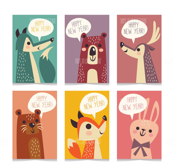 狼 狐狸 熊 鹿 兔子 水獭 语言气泡 新年快乐 动物 卡片 矢量图