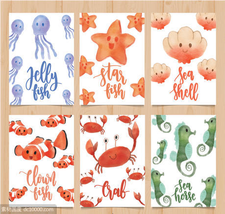 水母 海星 贝壳 小丑鱼 螃蟹 海马 木板 水彩 海洋动物 卡片 矢量图 - 源文件