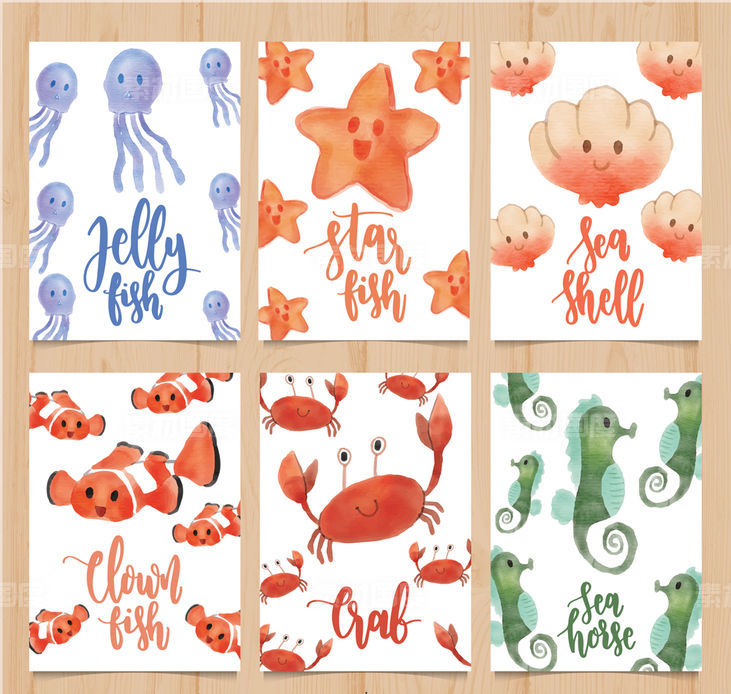 水母 海星 贝壳 小丑鱼 螃蟹 海马 木板 水彩 海洋动物 卡片 矢量图