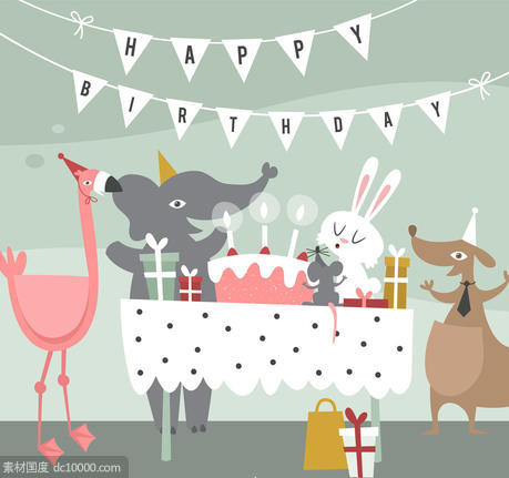 三角拉旗 大象 火烈鸟 袋鼠 兔子 老鼠 礼物 生日蛋糕 派对 矢量图 - 源文件
