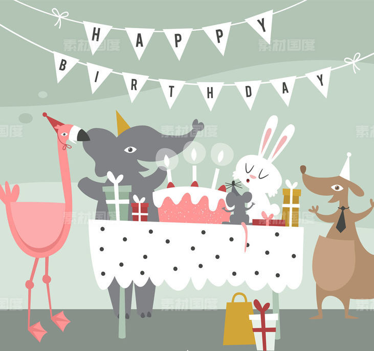 三角拉旗 大象 火烈鸟 袋鼠 兔子 老鼠 礼物 生日蛋糕 派对 矢量图