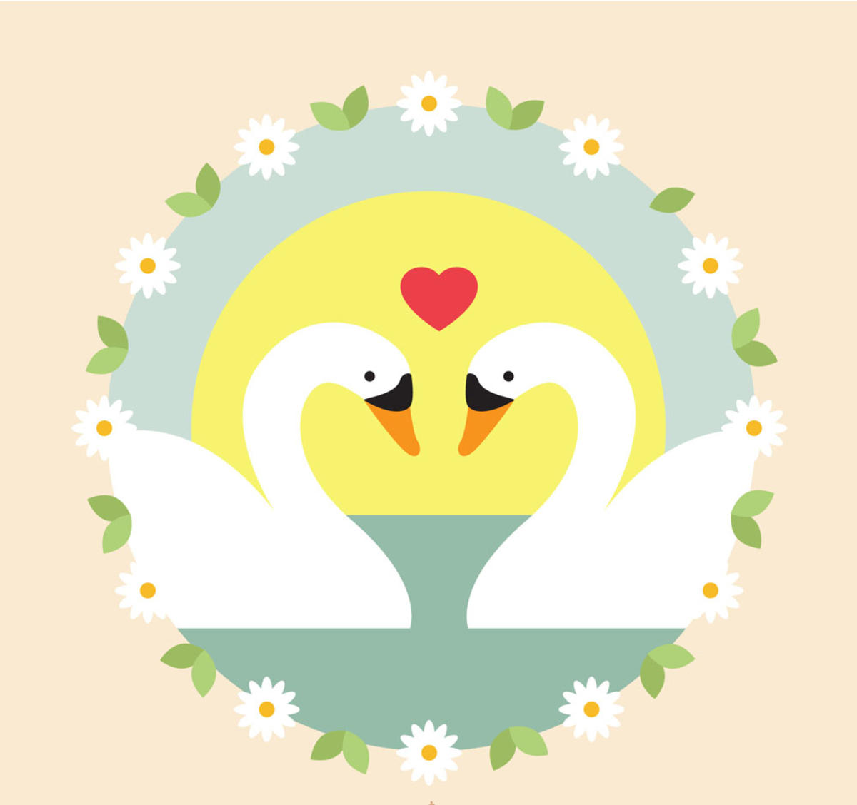 花卉 花环 天鹅 情侣 爱心 湖水 太阳 矢量图