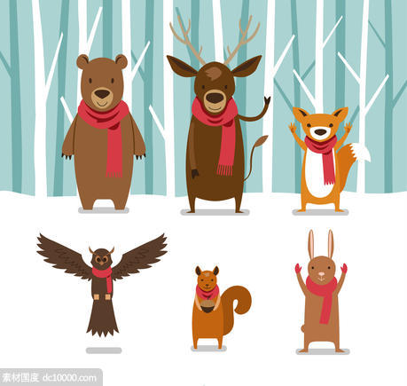 树林 熊 驯鹿 狐狸 松鼠 兔子 猫头鹰 围巾 雪地 动物 冬季 矢量图 - 源文件