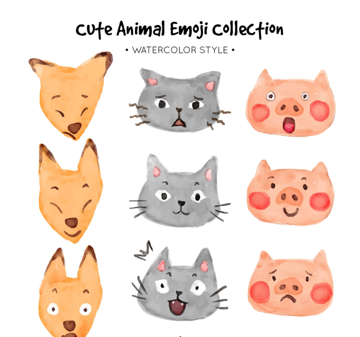 猫 狗 猪 宠物 笑 惊讶 难过 动物 水彩 表情 矢量图