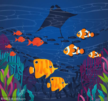 海草 珊瑚 蝴蝶鱼 小丑鱼 瑶鱼 海洋动物 海底 热带 矢量图 - 源文件