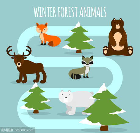 狐狸 驯鹿 浣熊 棕熊 熊 雪花 道路 森林 冬季 动物 松树 矢量图 - 源文件