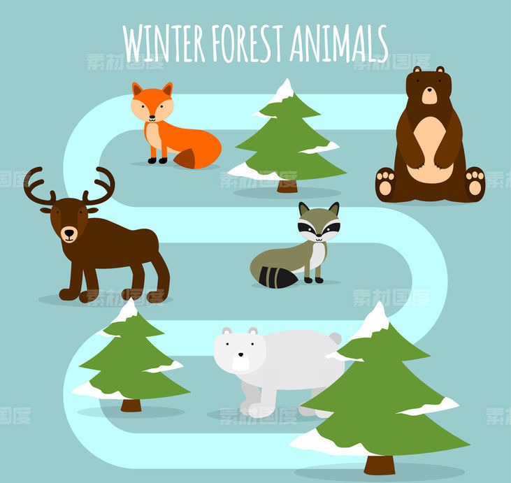 狐狸 驯鹿 浣熊 棕熊 熊 雪花 道路 森林 冬季 动物 松树 矢量图